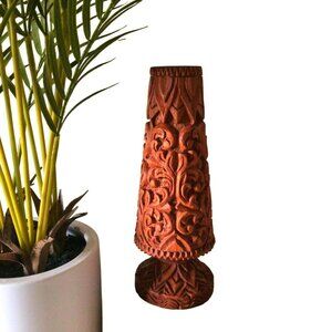 Vintage Vase Ornate Floral Hand Carvings Wooden 10" x 4"  Made In Thailand